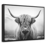 LEINWAND Bilder mit Rahmen - Schottischer Highlander - Nebel - Schwarz - Weiß - 40x30 - Grau, Textil (40/30cm) - MuchoWow