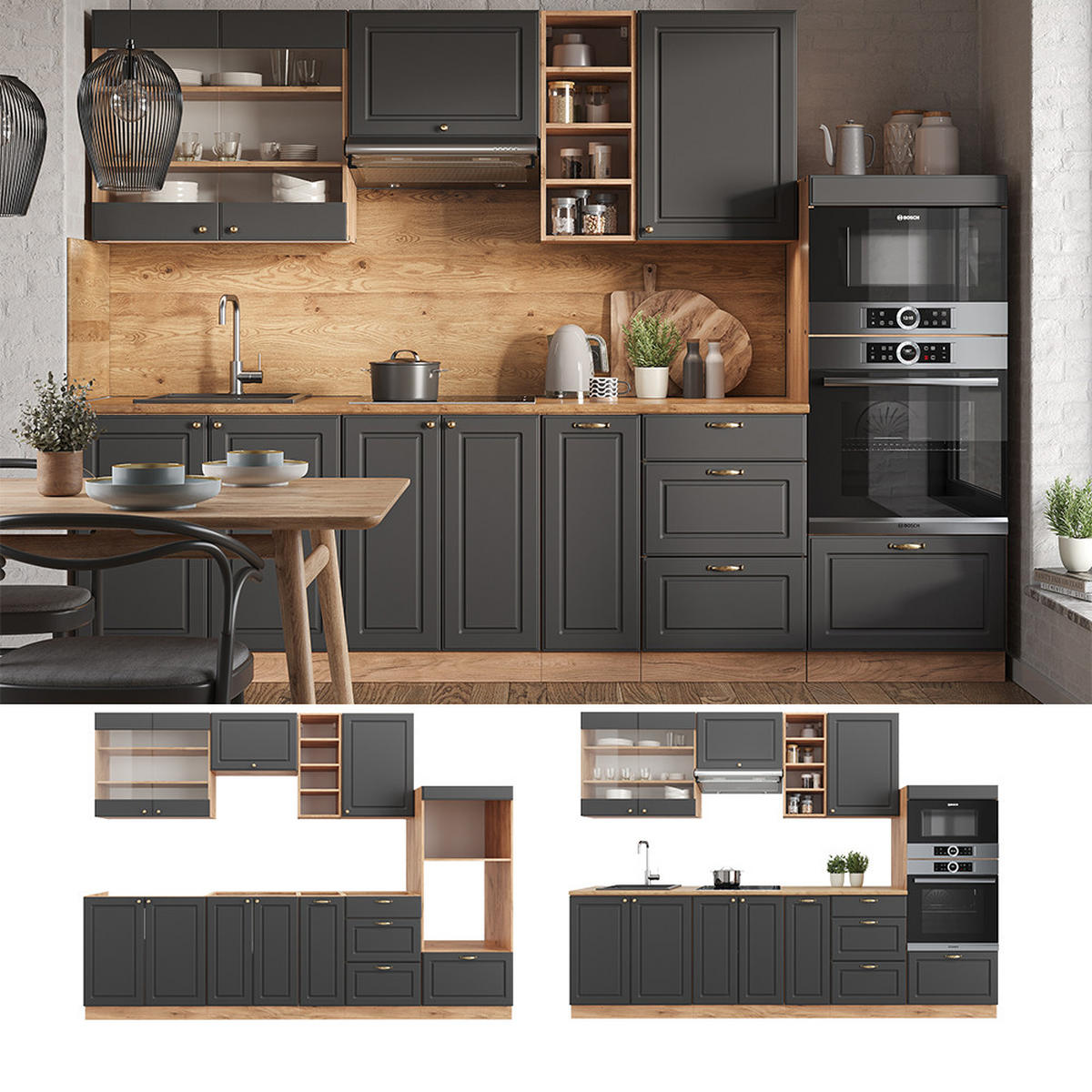KÜCHENZEILE Fame-Line Anthrazit Landhaus/Goldkraft Eiche 280 cm AP Anthrazit - Dunkelgrau/Eiche Wotan, Holzwerkstoff (280/81.6/60cm) - Vicco