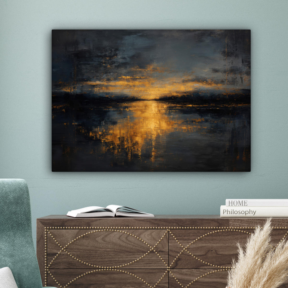 LEINWANDBILD Goldene Reflexion auf dem Wasser Wandbilder 80x60 cm - Anthrazit, Textil (80/60cm) - MuchoWow