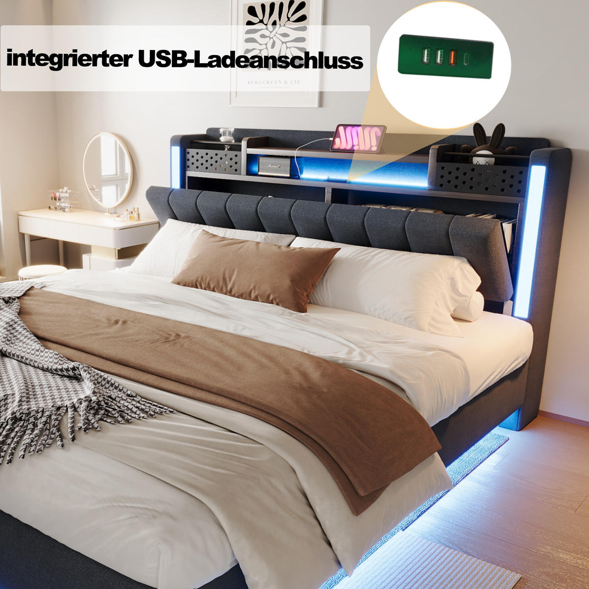 POLSTERBETT 160/200 cm in Grau Leinen mit LED, USB und Stauraum - Grau, Holzwerkstoff/Textil (160/200cm) - WISHDOR