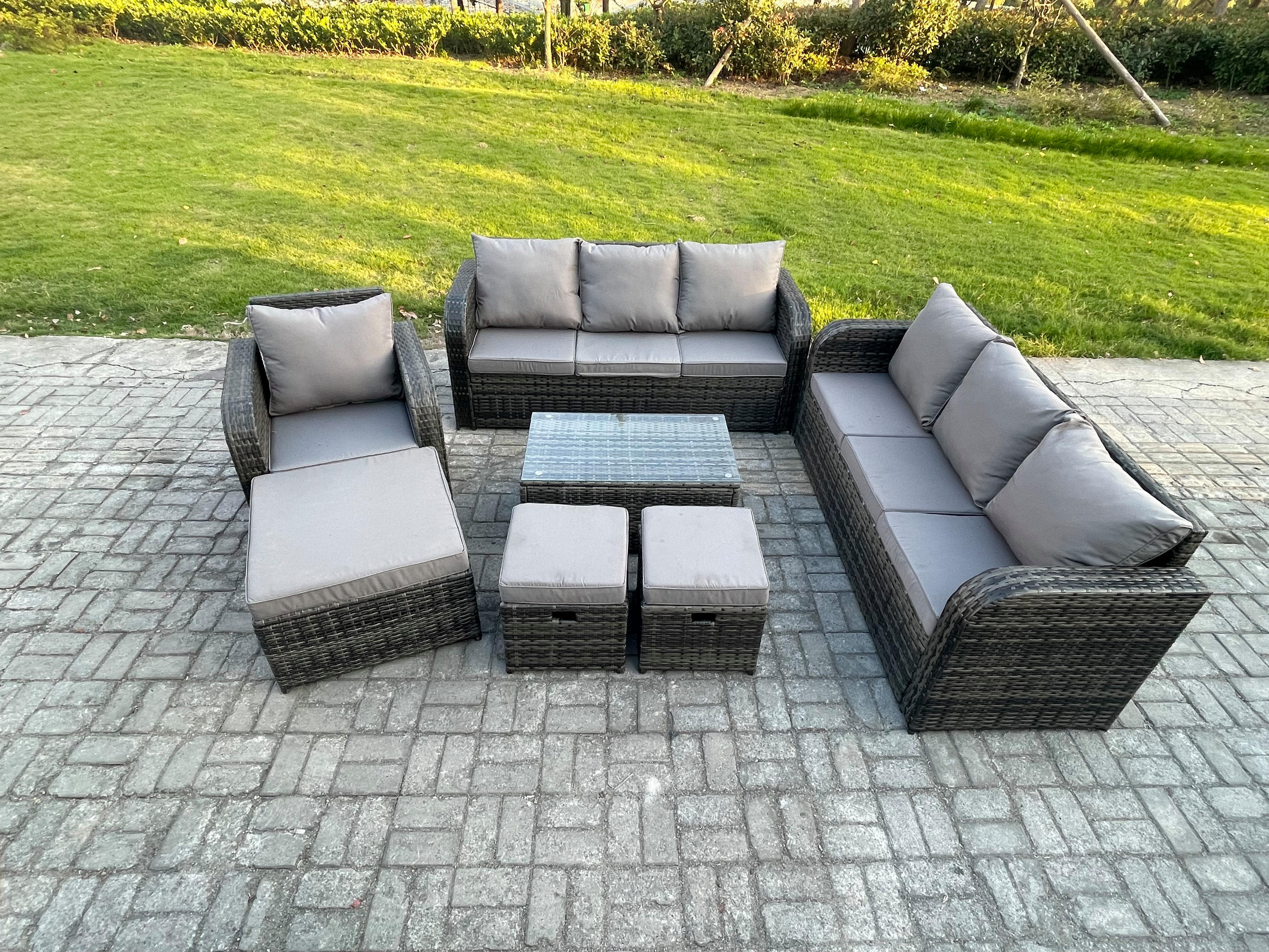 GARTENMÖBEL-SET mit Kissen Polyrattan Dunkelgrau 10-Sitzer - Dunkelgrau/Grau, Glas/Kunststoff - Fimous