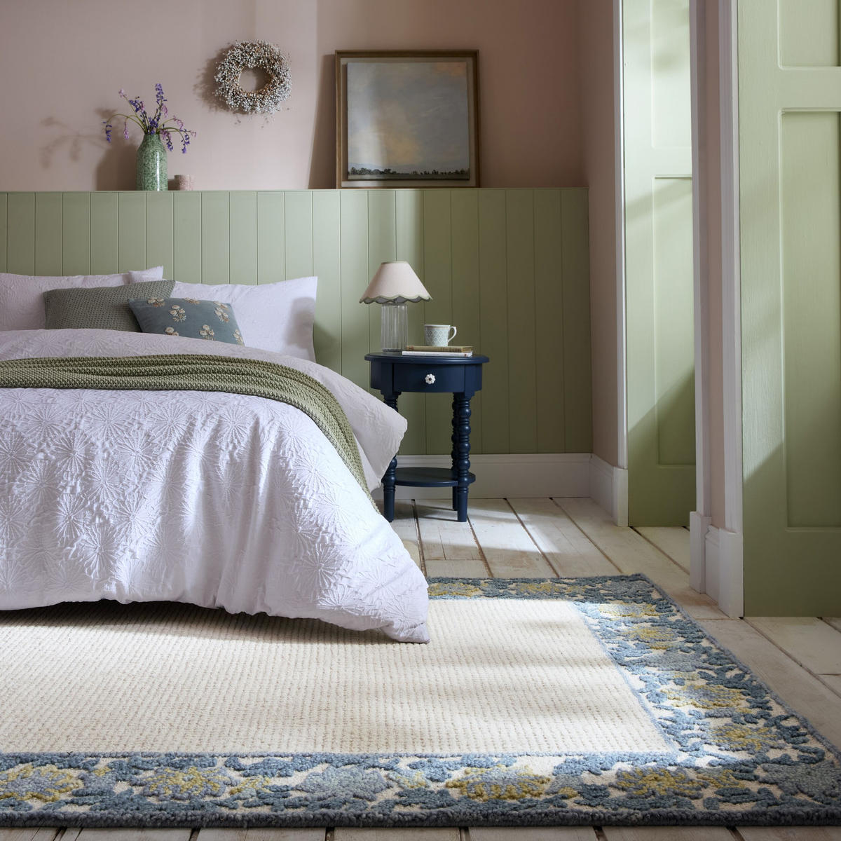 TEPPICH Kurzflor Unifarben, Floral Bordüre, Wohnzimmer Blau-Beige Rechteckig 160x230 - Blau, Textil (160/230cm) - KADIMA DESIGN