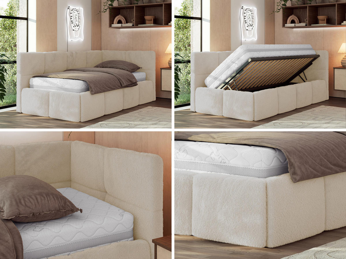 JUGENDBETT ARVO 90/200 - Creme Plüsch - Pocket-Matratze - Rechts Seite - Creme, Textil (90/200cm) - MKS