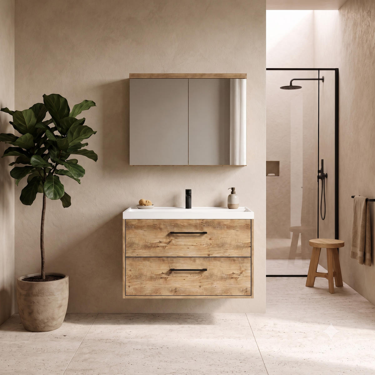 BADMÖBEL-SET Florence 2 Teile Kastanien Eiche - 80 x 40 x 51 cm - Eichefarben, Holz (80/51/40cm) - Badplaats