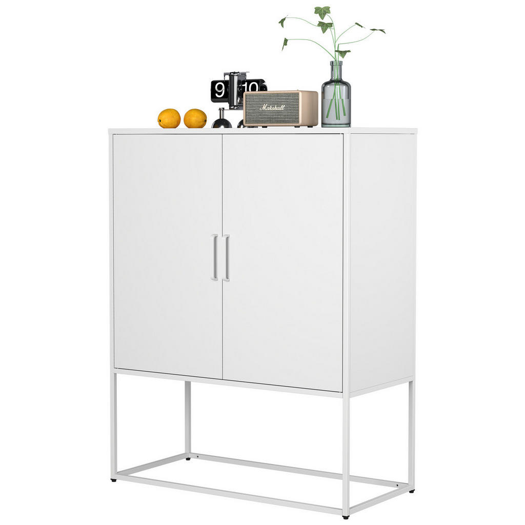 OKWISH BOČNÍ skříň 85/40/109 cm bílá z kovu s magnetickými dveřmi a ochranou proti převrácení