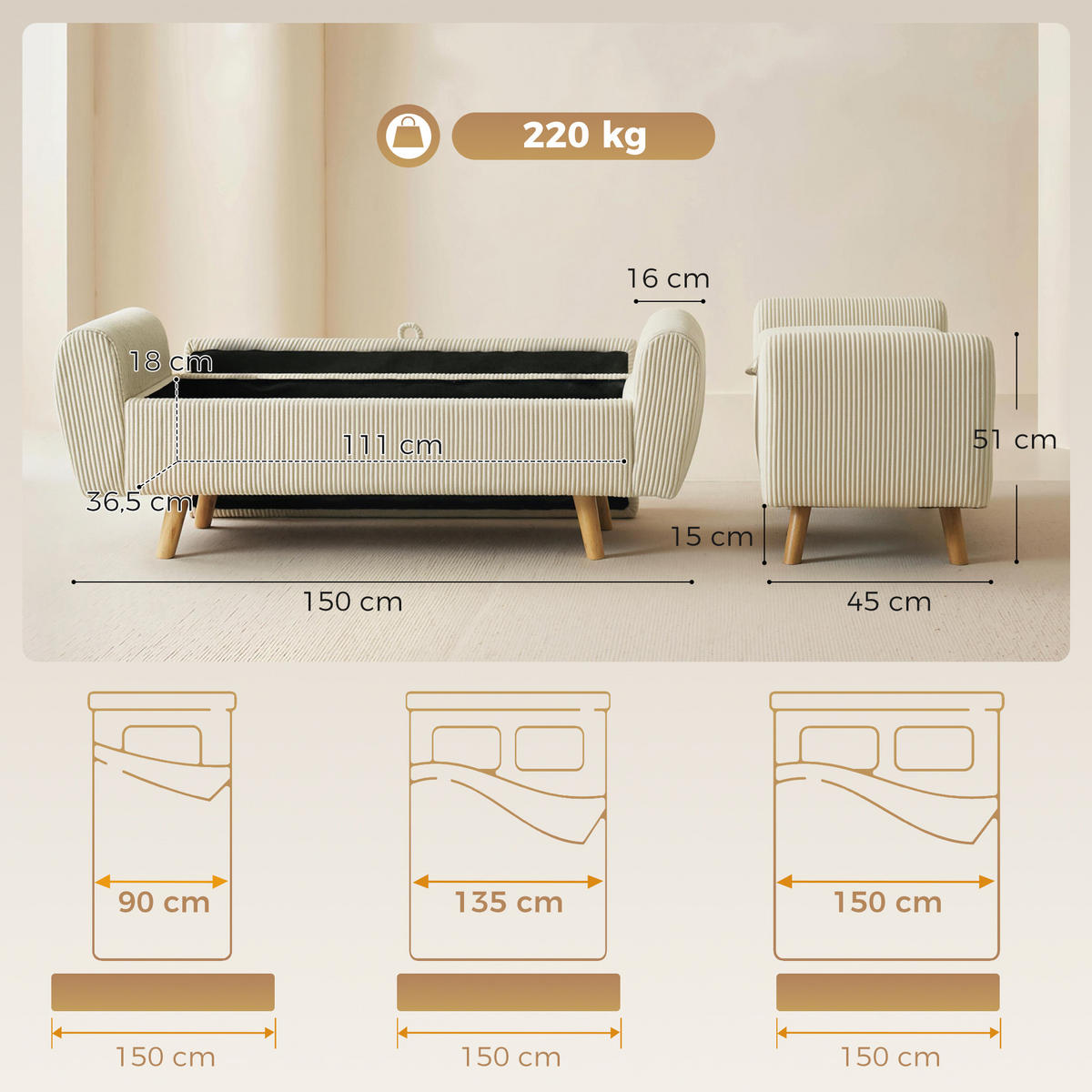 SITZBANK Polyester Gummibaumholz Beige - Beige, Holz/Textil (45/51/150cm) - HOMCOM