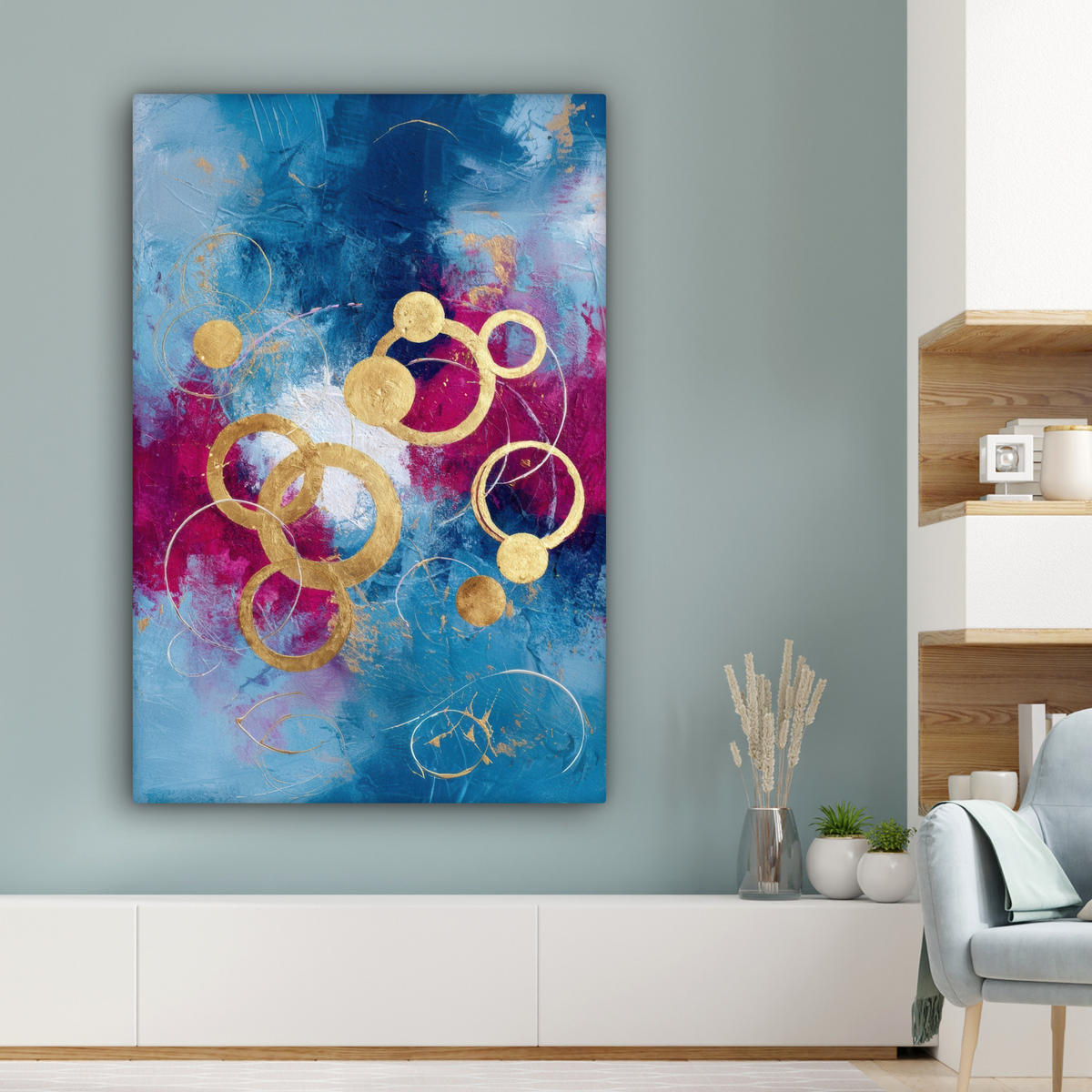 LEINWANDBILD Kreise - Gold - Abstrakt Deko Groß 90x140 cm - Blau, Textil (90/140cm) - MuchoWow