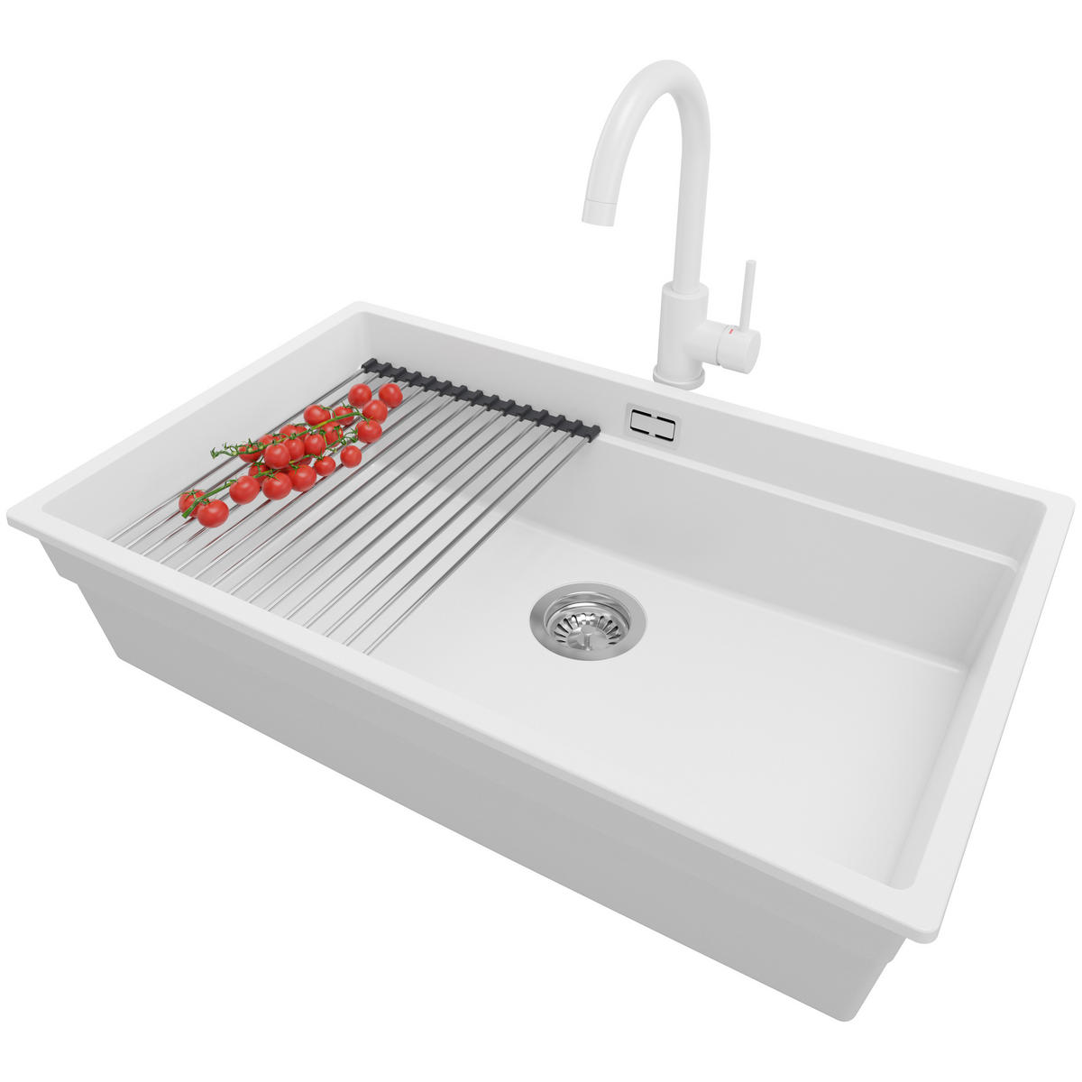 GRANITSPÜLE Praga Slim, 2-er set Weiß 76/47 cm 1 Becken + Küchenarmatur 32/20 cm + Ablauf-Set + Aufrollbare Abtropffläche ab 80er Unterschrank - Chromfarben/Weiß, Kunststoff (76/20/47cm) - Primagran