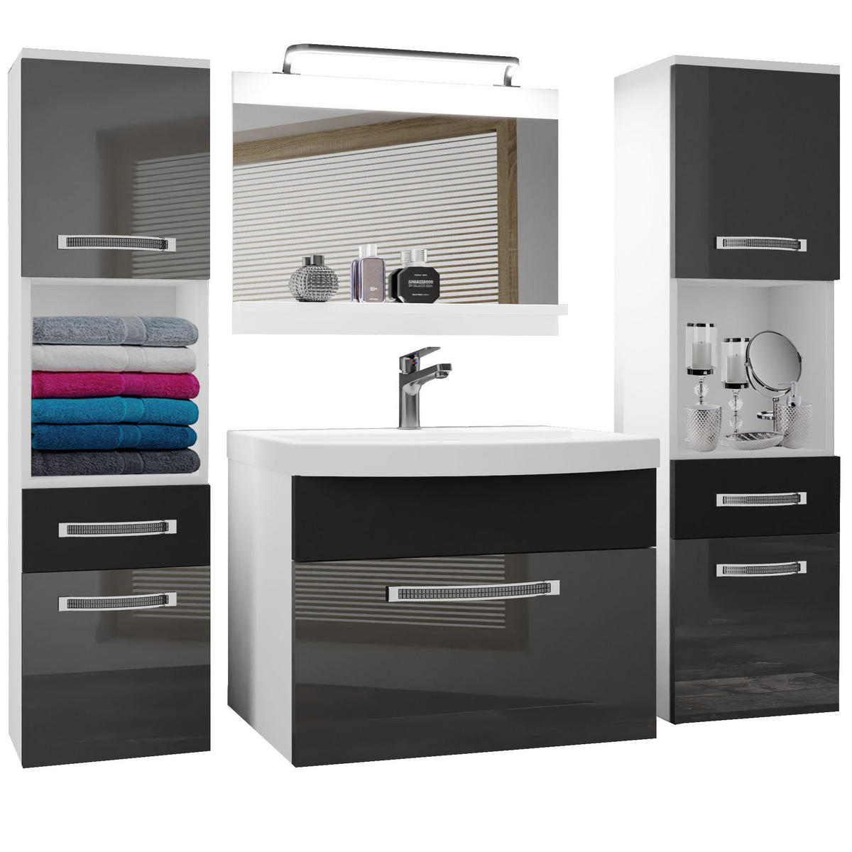BADMÖBEL Badezimmer Silber Schwarz Glänzend Matt - Schwarz/Grau, Holz (140/113/40cm) - B BELINI GROUP