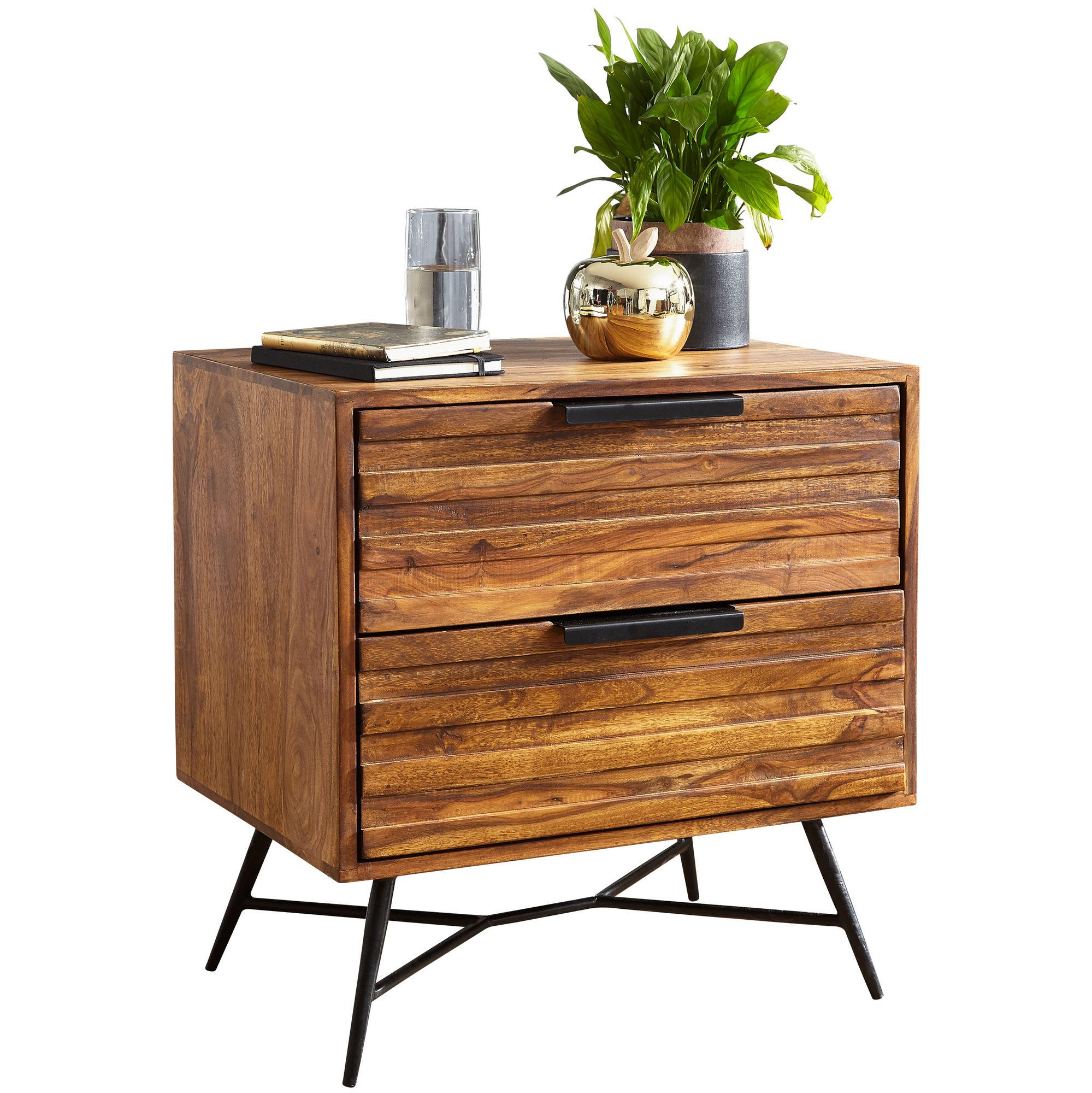 NACHTTISCH – Massivholz/Metall, große Schubladen, Industrial-Stil - Schwarz/Braun, Holz/Metall (60/60/40cm) - KADIMA DESIGN