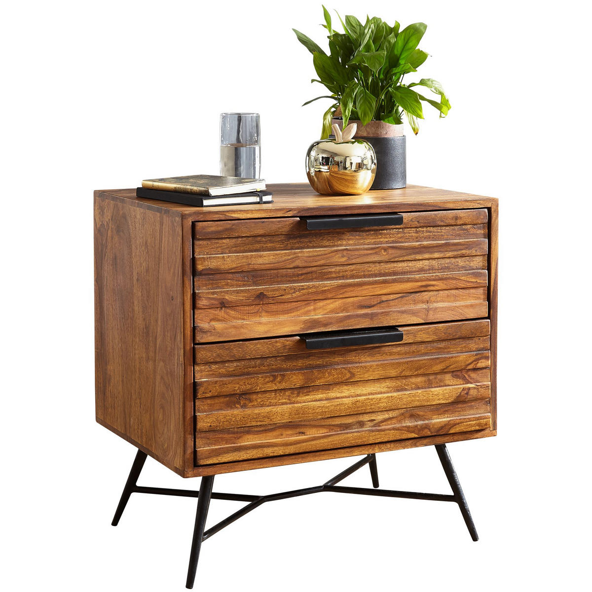 NACHTTISCH – Massivholz/Metall, große Schubladen, Industrial-Stil - Schwarz/Braun, Holz/Metall (60/60/40cm) - KADIMA DESIGN