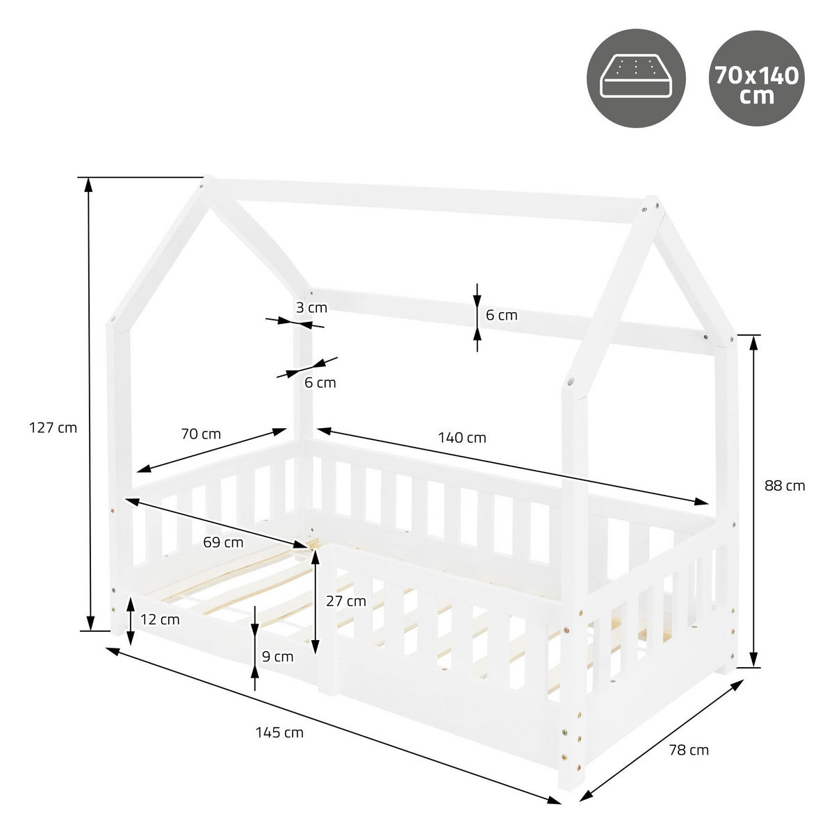 KINDERBETT mit Dach und Matratze 70x140 cm Weiß - Weiß, Holz (70/140cm) - ML-DESIGN