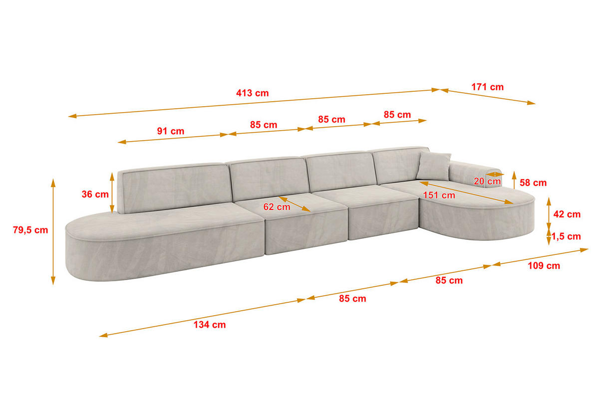 ECKSOFA Ottomane Rechts MARI-L3 - 413x171x79 cm Hellbraun Velours - Hellbraun/Schwarz, Holzwerkstoff/Kunststoff (171/413cm) - ALTDECOR