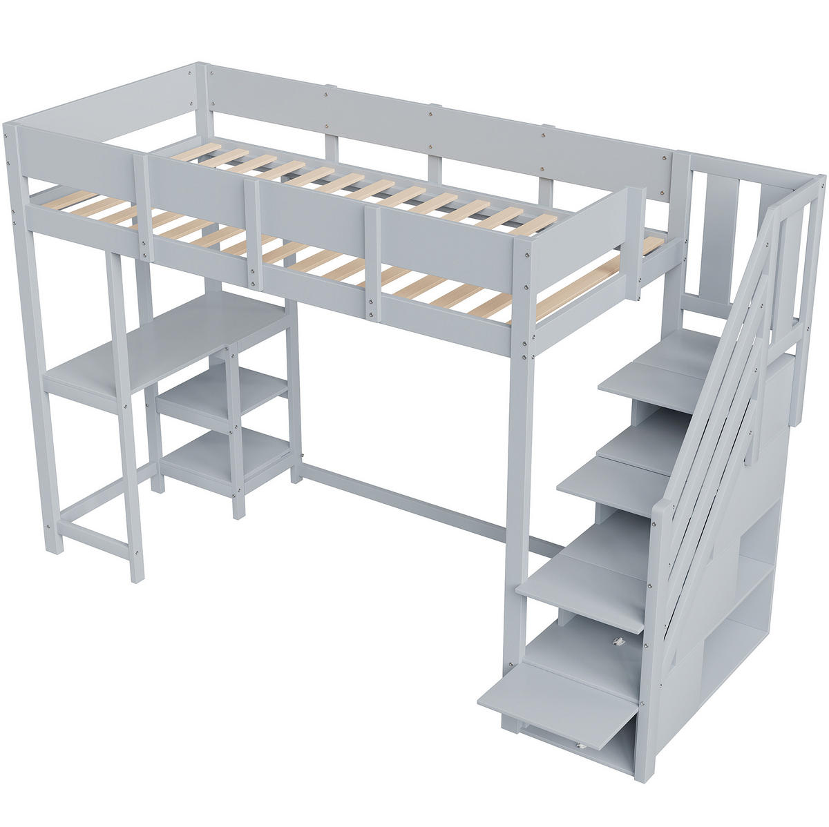 HOCHBETT 90/200 cm in Grau aus Kiefernholz – mit Stauraumtreppe und Rausfallschutz - Grau, Holz (90/200cm) - BEAOK