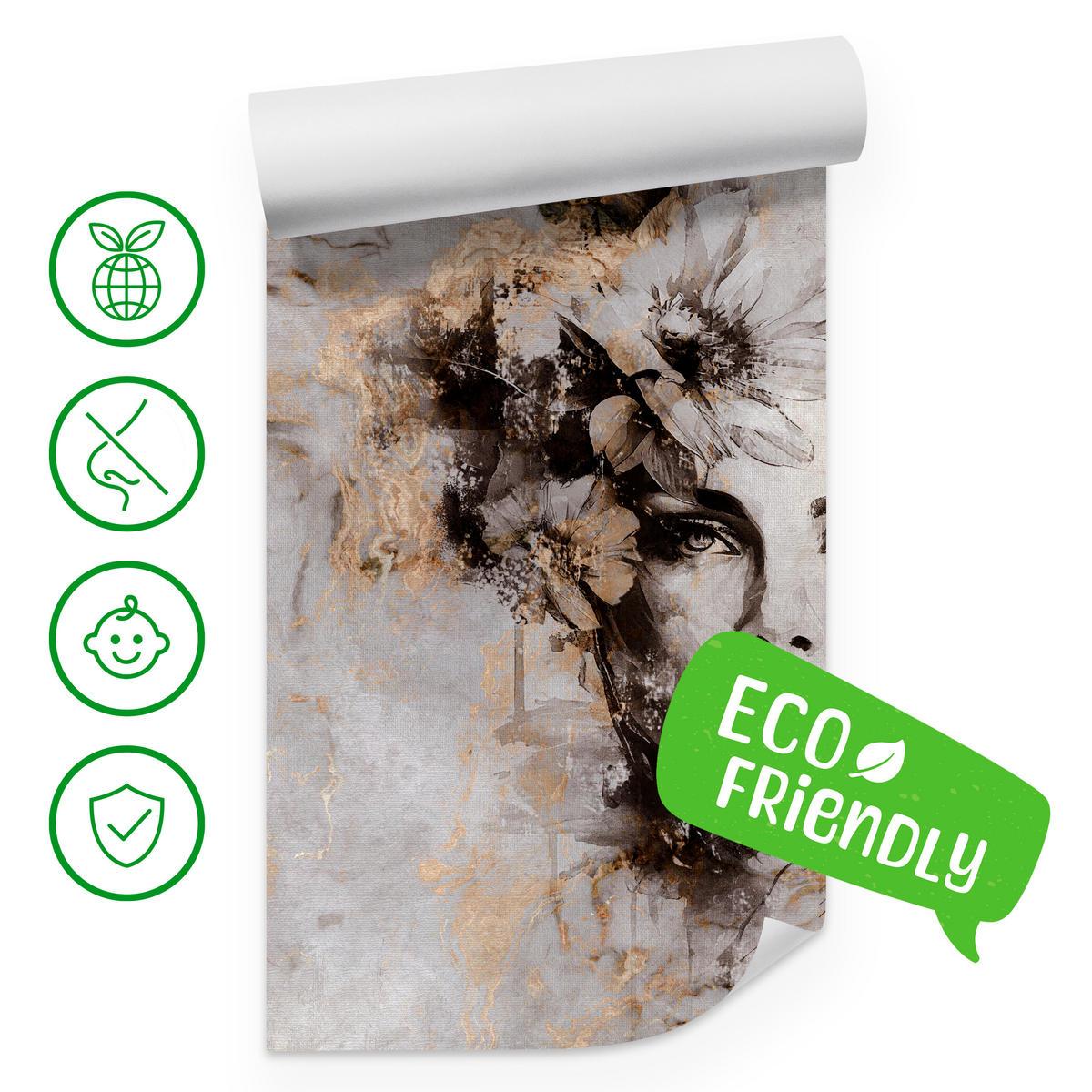 FOTOTAPETE für Wohnzimmer Frau Porträt Beton Blumen Modern 450x315 - Gelb/Beige, Papier (450/315cm) - Muralo