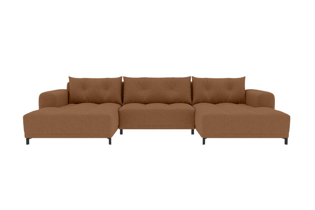 WOHNLANDSCHAFT Strukturstoff Rostfarben inkl. Schlaffunktion - Rostfarben/Schwarz, Textil/Metall (348/94/181cm) - 99rooms