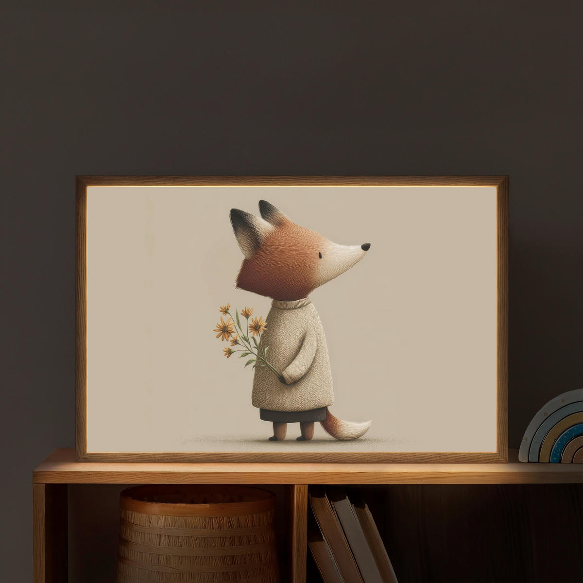 DOBÍJECÍ NOČNÍ LAMPIČKA Liška - Žluté květy - Minimalistický 60x40 cm - šedohnědá, kompozitní dřevo (8/60/40cm) - OnlyWow