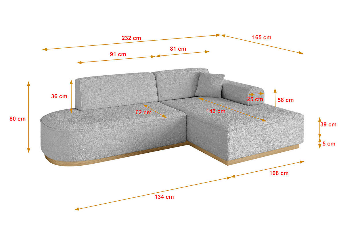ECKSOFA Ottomane Rechts IREA-L1-v2 - 232x165x80 cm Hellgrau - Hellgrau, Holzwerkstoff/Textil (232/165cm) - ALTDECOR