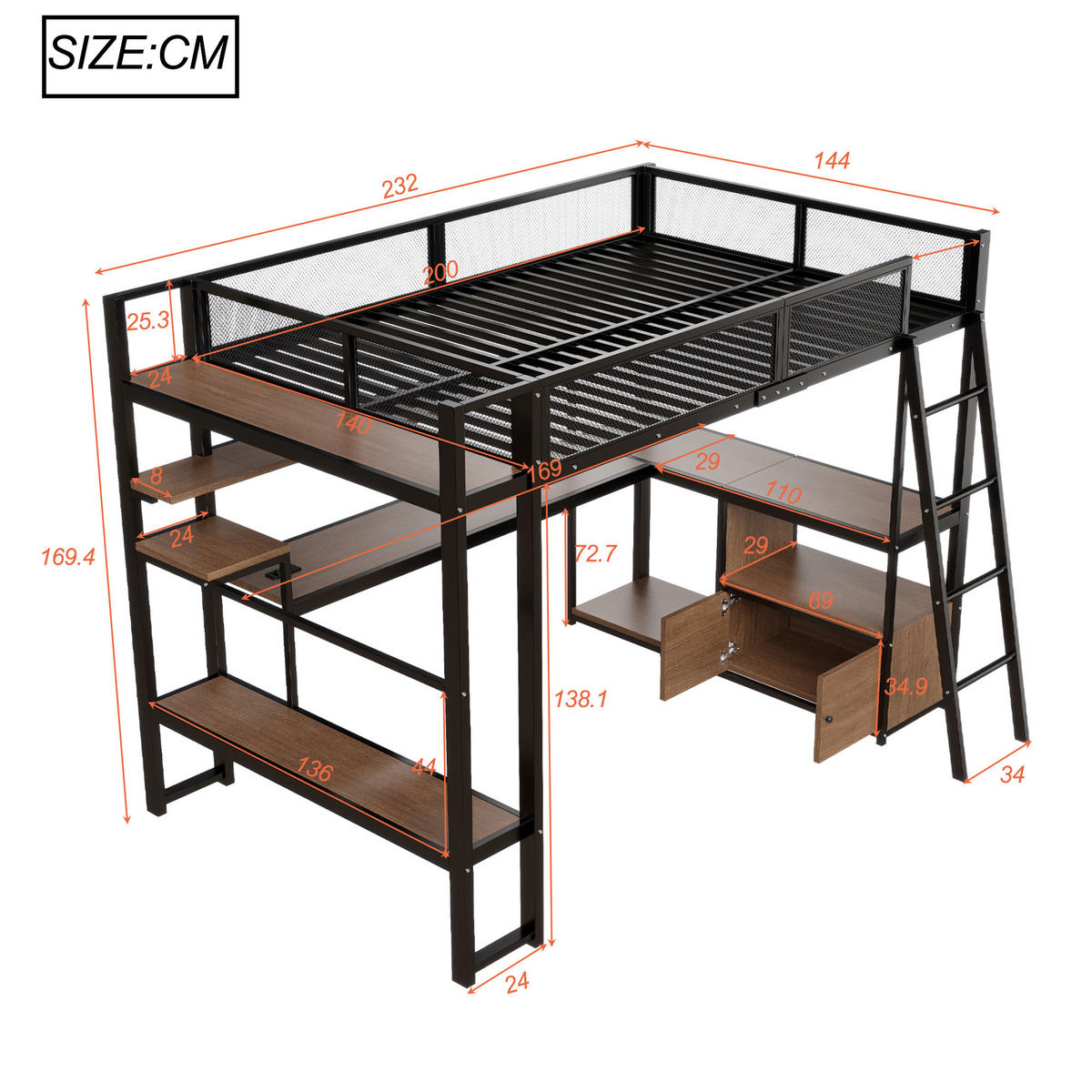 HOCHBETT 140/200 cm in Schwarz mit LED, Ladestation und Stauraum aus Metall - Schwarz, Metall (140/200cm) - CHICFURN