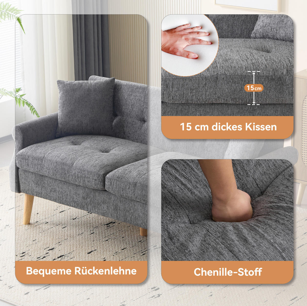 2-SITZER Sofa Chenille mit 15 cm Sitzkissen und Massivholzbeinen 162/74/77 cm Grau - Grau, Textil (77/162/74cm) - Redom