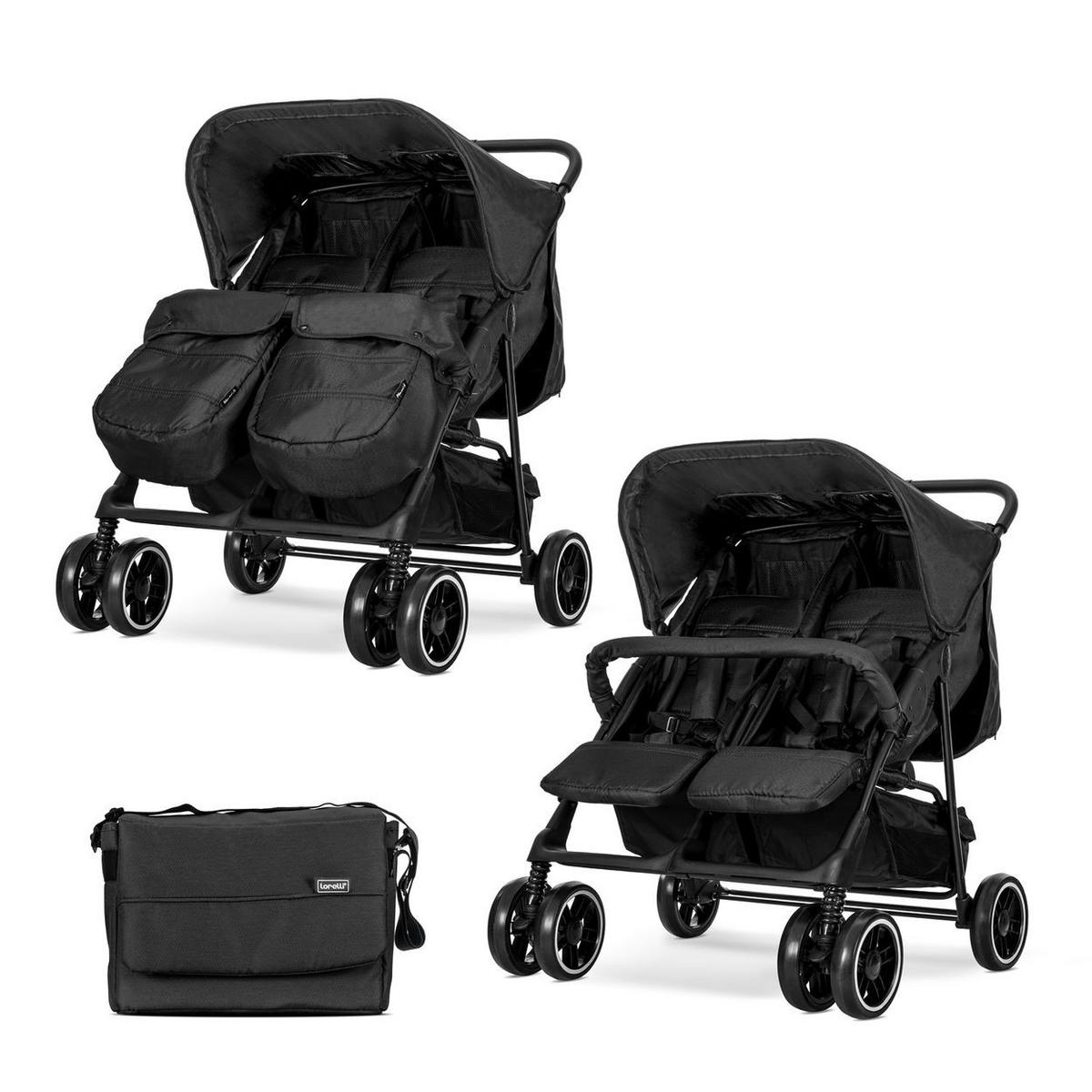 GESCHWISTERKINDERWAGEN TWIN schwarz gemustert Wickeltasche Einhand-Klappsystem Fußabdeckung - Schwarz, Metall (86/84/110cm) - Lorelli