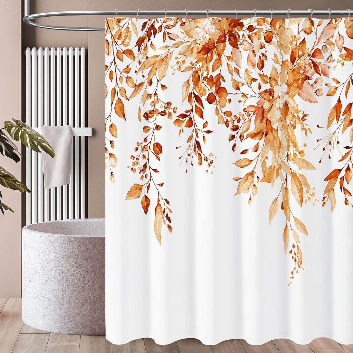 DUSCHVORHANG Braun Aquarell Blätter Blumen Pflanzen Muster wasserdicht Dekoration Badezimmer mit Haken - Orange, Textil (180/200cm) - MCBOSON