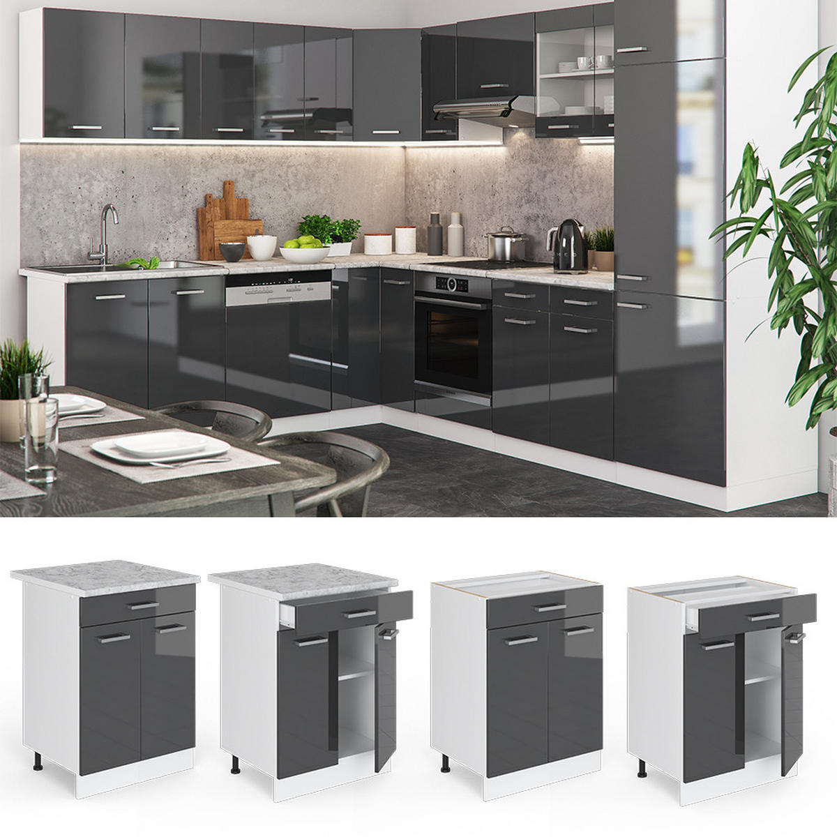KÜCHENUNTERSCHRANK R-Line Anthrazit Hochglanz 60 cm AP Anthrazit - Schwarz Hochglanz/Anthrazit, Holzwerkstoff (60/81.6/60cm) - Vicco