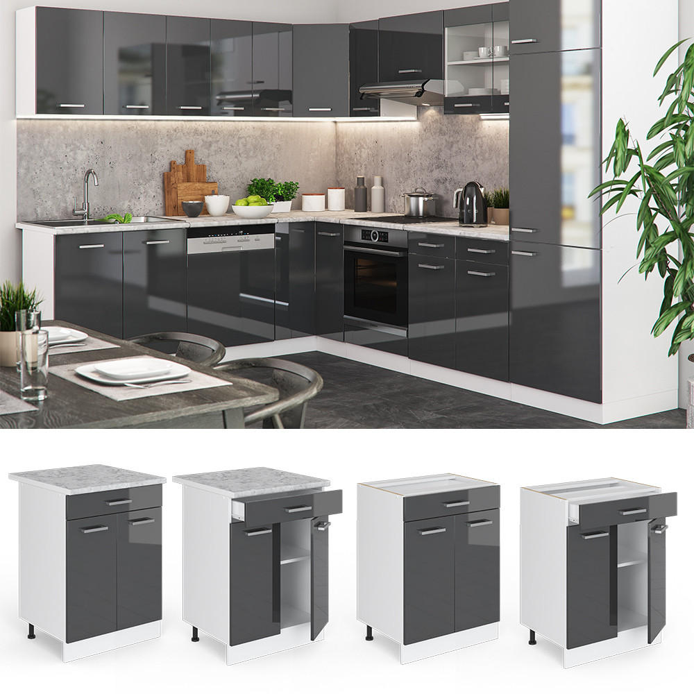 Thumbnail - Vicco Küchenunterschrank, Schwarz Hochglanz, Holzwerkstoff, 3 Fächer, 1 Schubladen, Rechteckig, 60x81.6x60 cm, Küchen, K...