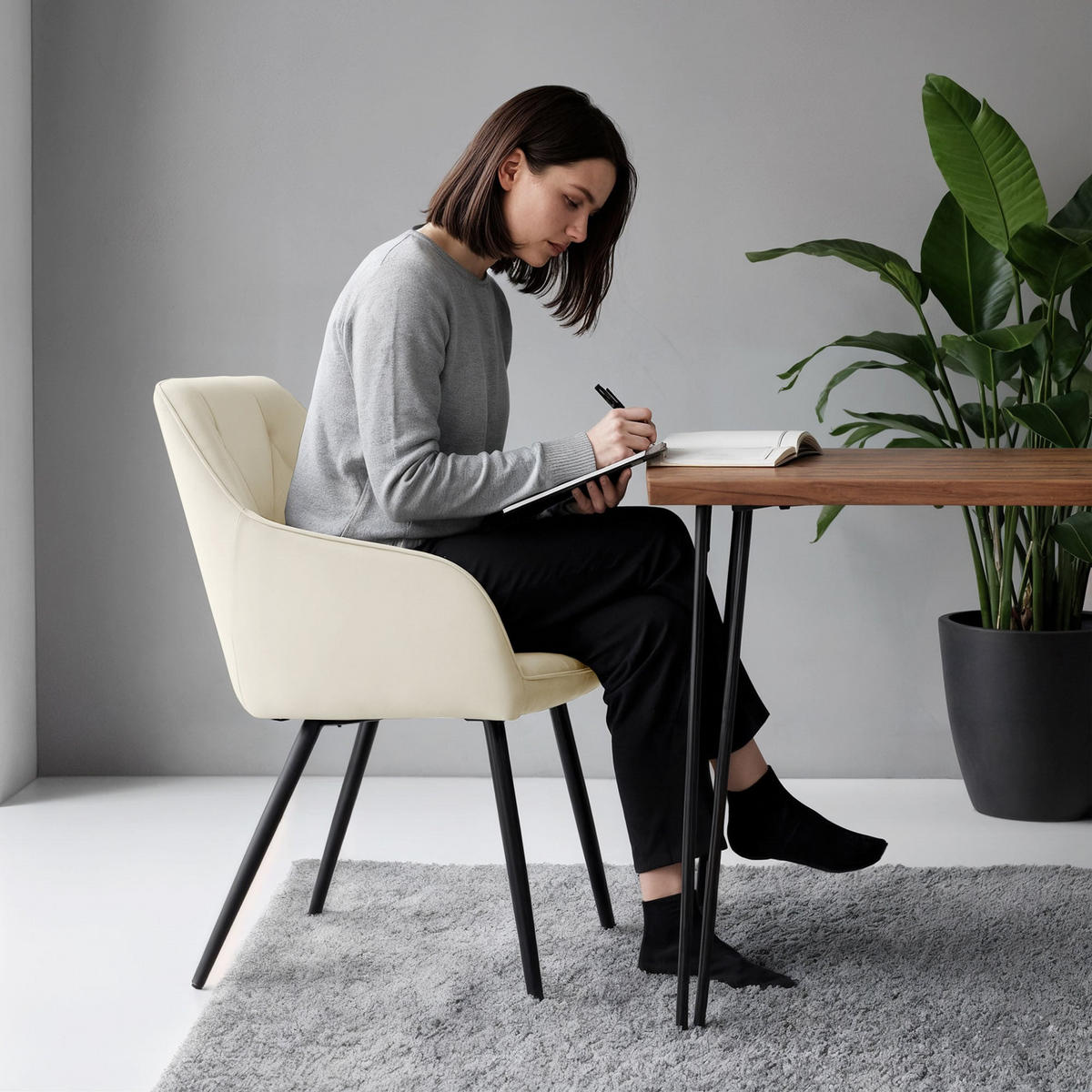 POLSTERSTUHL 6er Set, Metallbeine Creme, Schwarz 54,5/82,5/58 - Creme/Schwarz, Textil (55/83/58cm) - RAUMHIRSCH FURNITURE