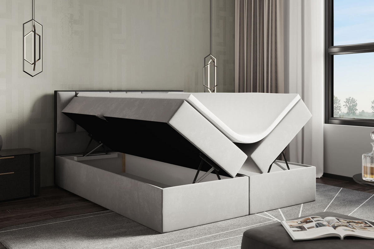 BOXBETT 200 x 200 cm mit H3 Taschenmatratze TRAPANI, Topper 5 cm und Bettkasten, Grau - Grau, Holz/Textil (200/200cm) - Trada