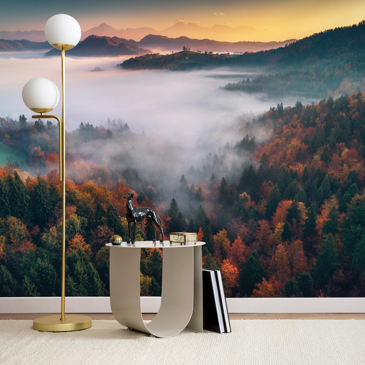 FOTOTAPETE für Wohnzimmer Nebelwald Sonnenuntergang Berge Bäume 350x256 - Beige/Rot, Papier (350/256cm) - Muralo