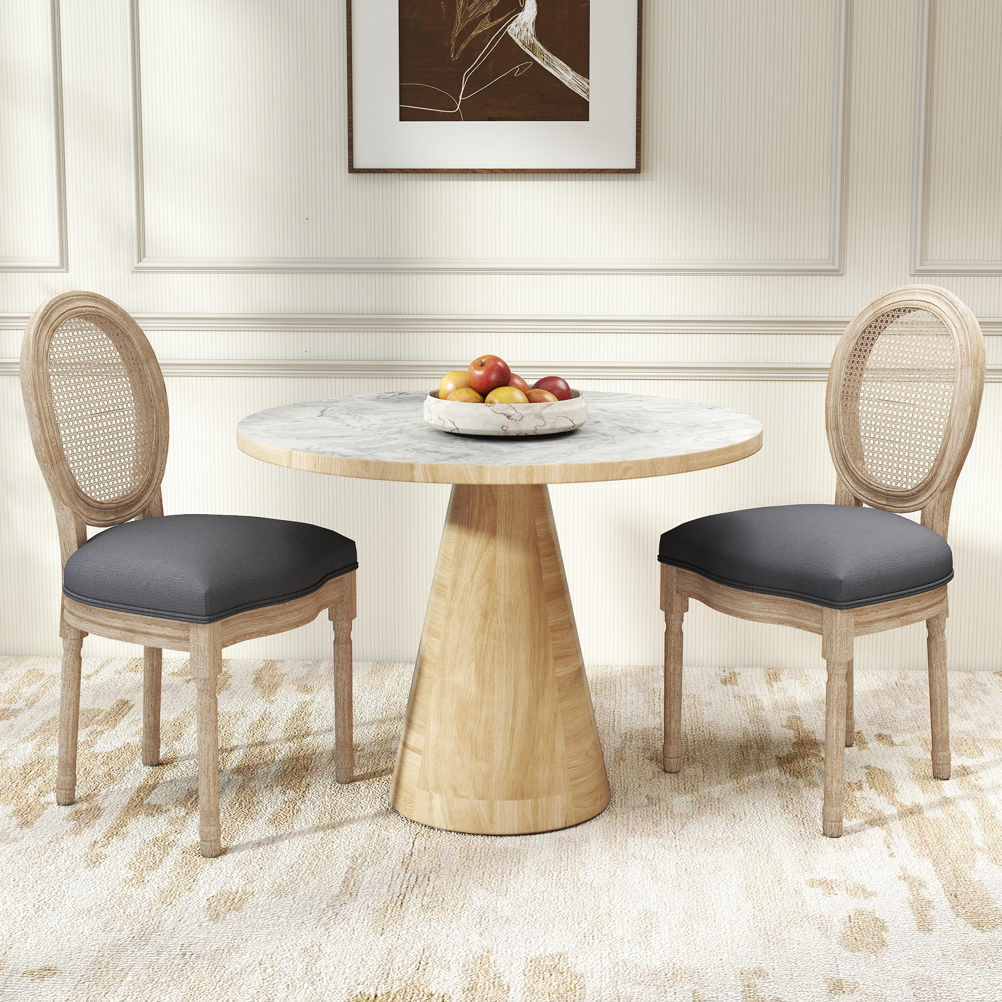 ESSZIMMERSTÜHLE 2er Set Küchenstuhl mit Rattan-Rückenlehne, Leinenoptik Grau - Naturfarben/Grau, Holz/Textil (56/96/49cm) - HOMCOM