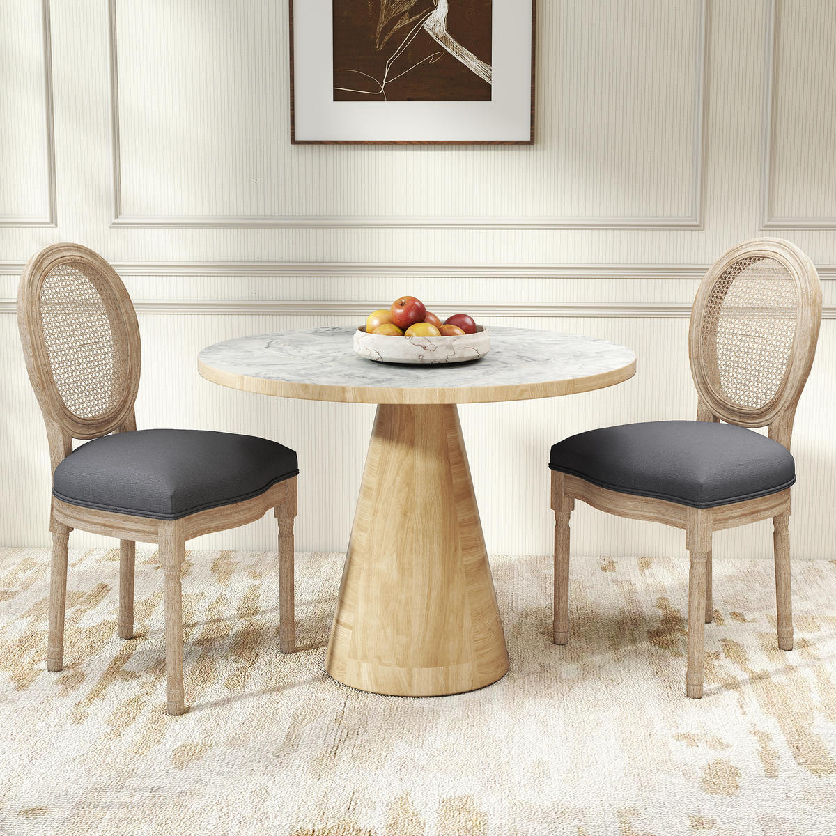ESSZIMMERSTÜHLE 2er Set Küchenstuhl mit Rattan-Rückenlehne, Leinenoptik Grau - Naturfarben/Grau, Holz/Textil (56/96/49cm) - HOMCOM