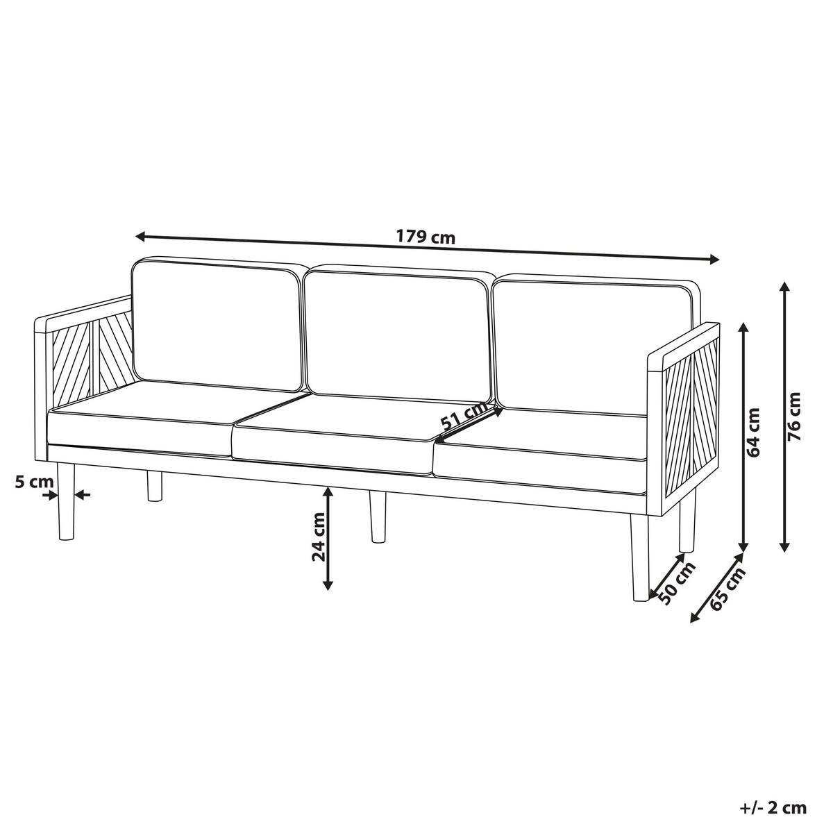 GARTENSOFA 3-Sitzer Akazienholz hellbraun Auflagen creme Baratti - Hellbraun/Weiß, Holz (179/76/65cm) - Beliani