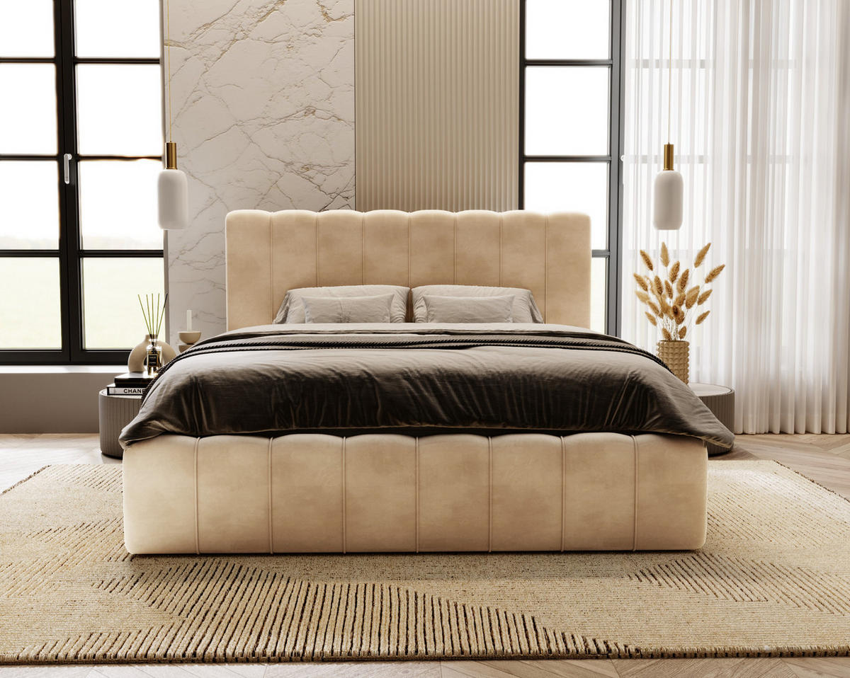 DOPPELBETT mit Bettkasten 200x200 Porto, Lattenrost, Beige - Beige, Holz/Textil (200/200cm) - Emporius