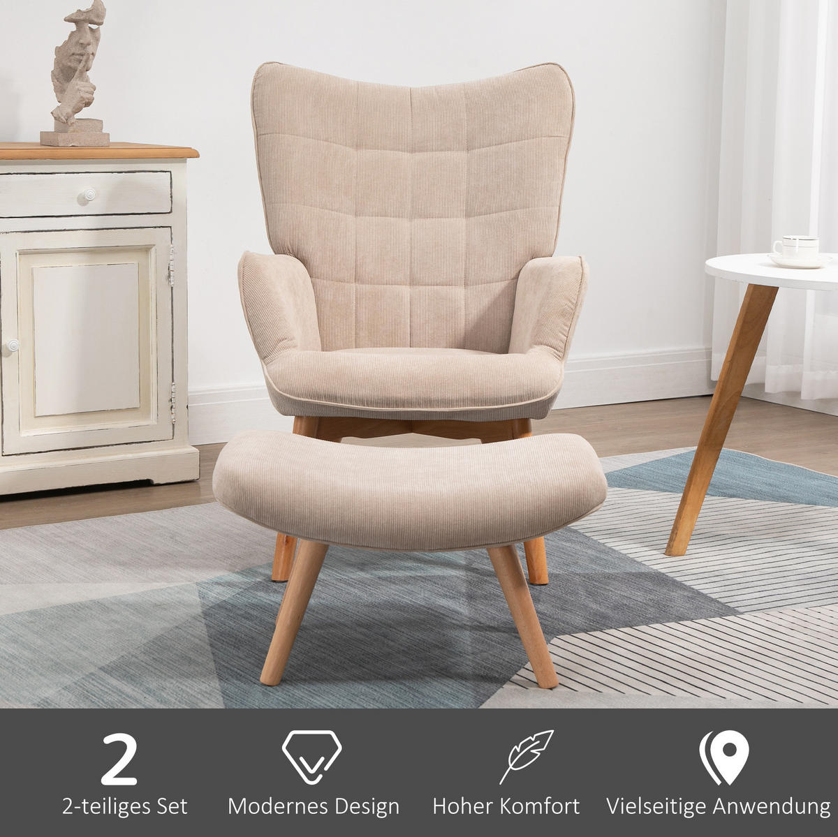 RELAXSESSEL 80/72/101 cm mit Hocker in Beige - Beige, Textil (80/101/72cm) - BEAOK