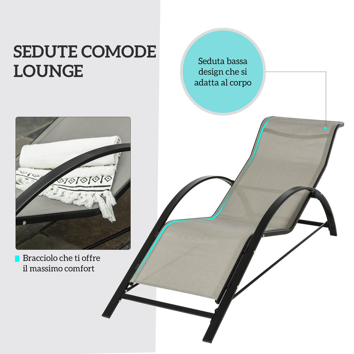 SONNENLIEGE Set aus 2 Sonnenliegen und Couchtisch mit Glasplatte 59 x 169 x 66 cm ,Grau - Grau, Metall (59/66/169cm) - Vallsero