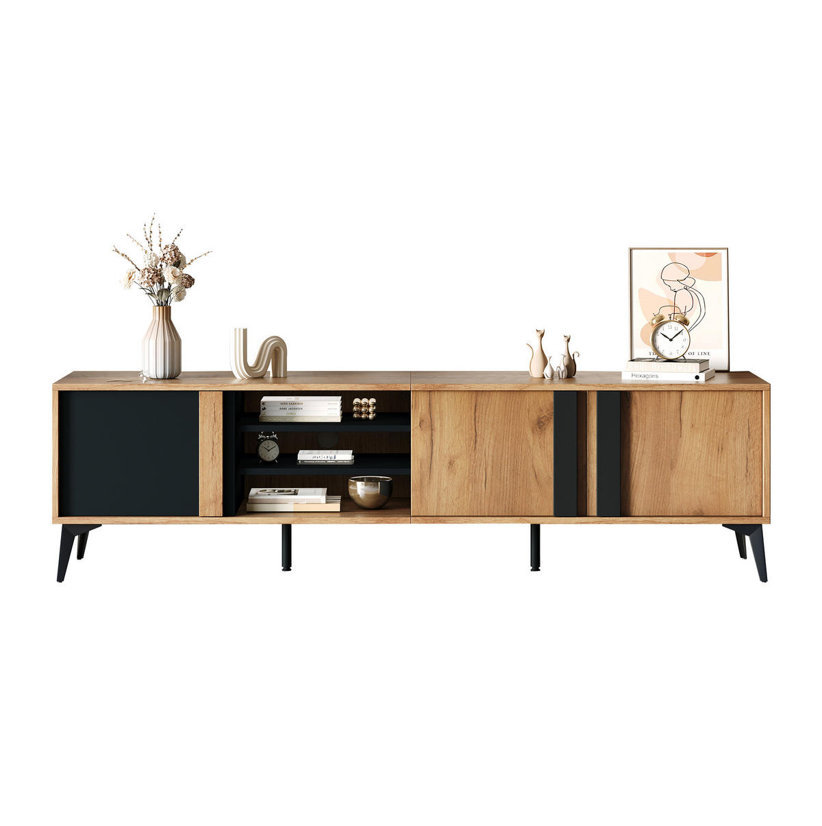 TV-LOWBOARD aus Spanplatte 180x40x50 cm Braun/Schwarz mit 3 Türen, 4 offenen Fächern und Kabelmanagement im rustikalen Stil - Schwarz, Holzwerkstoff (180/50/40cm) - Modfu