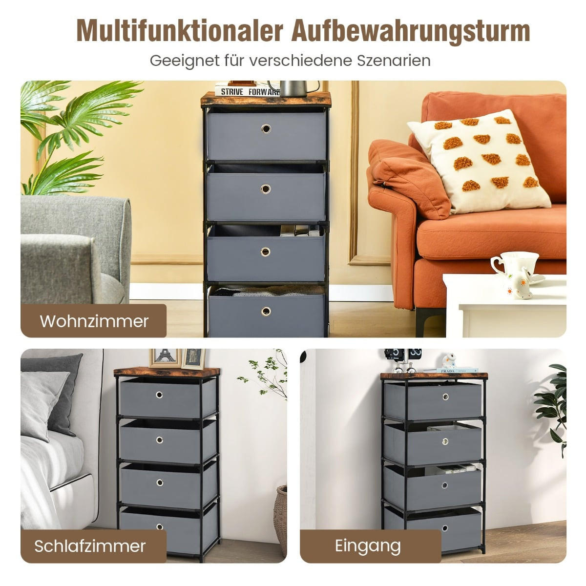NACHTTISCH 4 Schubladen Stoffkommode 42 x 33,5 x 84,5 cm, Grau - Grau, Textil (42/84.5/33.5cm) - DESIGN IN