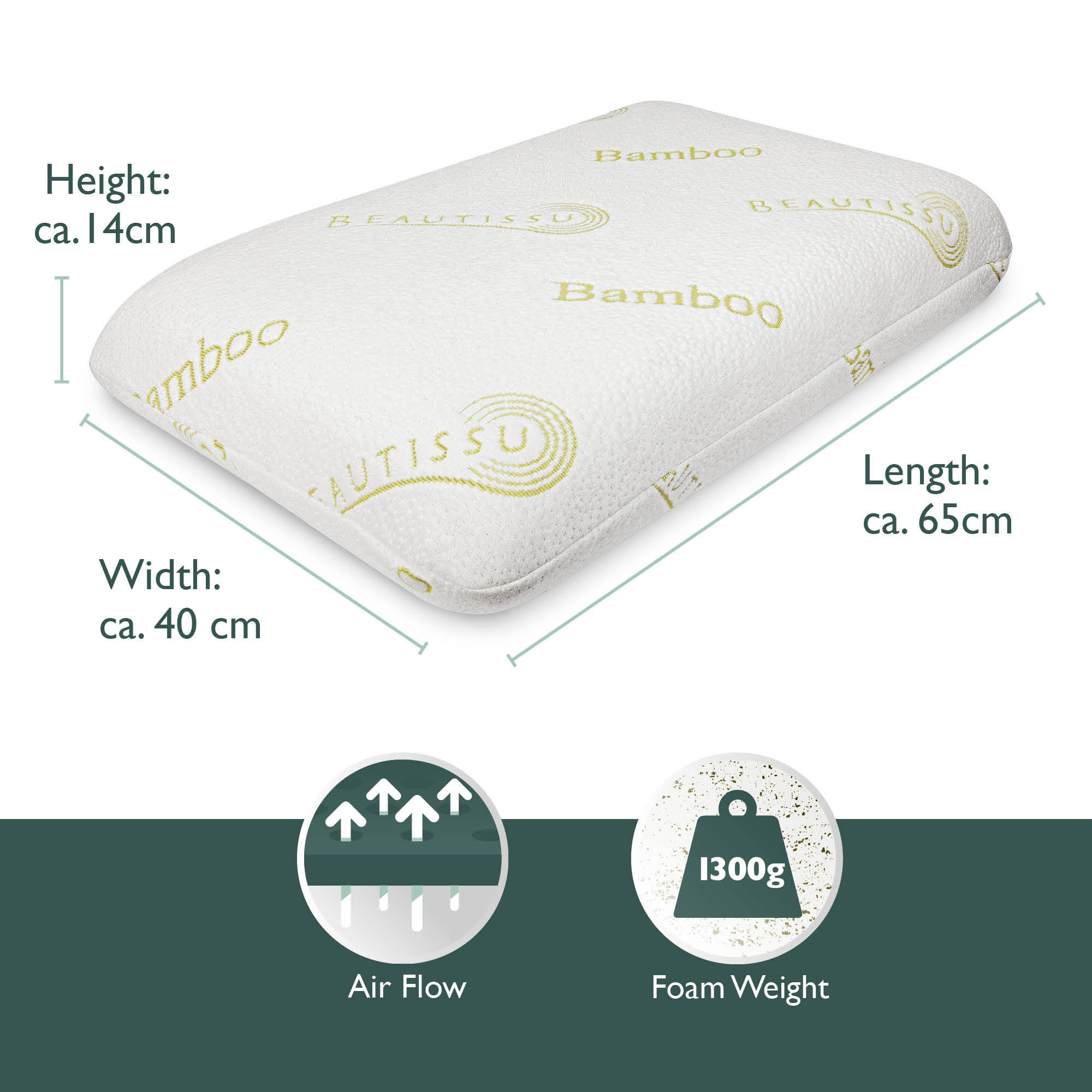 NACKENSTÜTZKISSEN BeauErgo BN Memory Foam Bambus 65/40 cm - Weiß, Textil (40/65cm) - Beautissu 