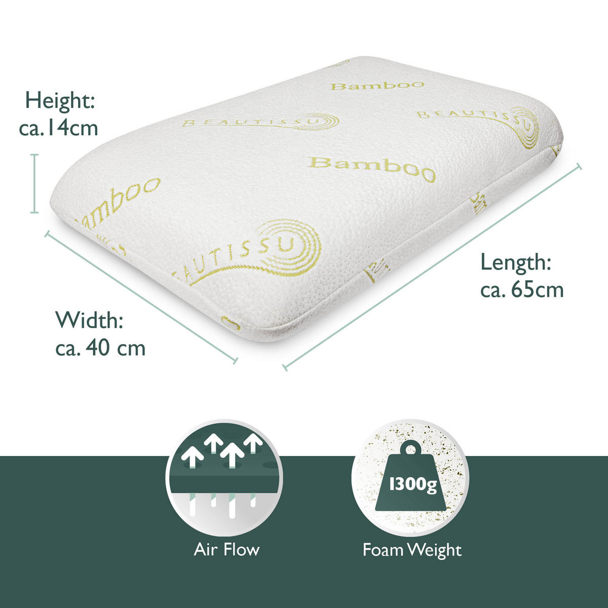 NACKENSTÜTZKISSEN BeauErgo BN Memory Foam Bambus 65/40 cm - Weiß, Textil (40/65cm) - Beautissu 