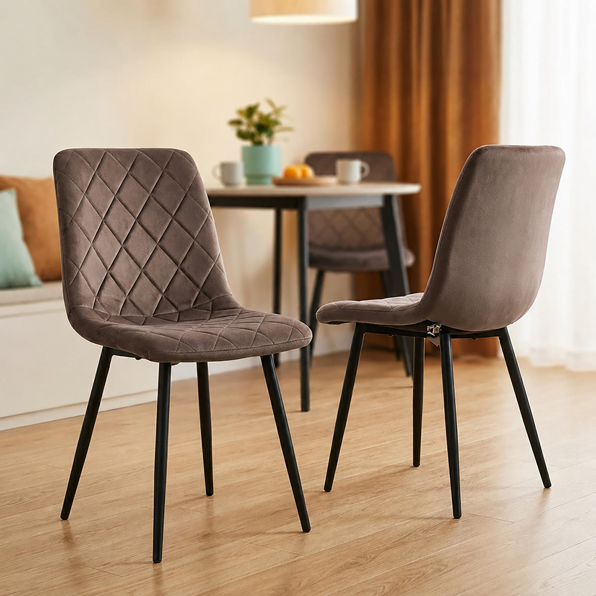 STOL Brun 4-pack sammet metallben - Brun, Trä/Textil (43/86/53.5cm) - Relaxdays