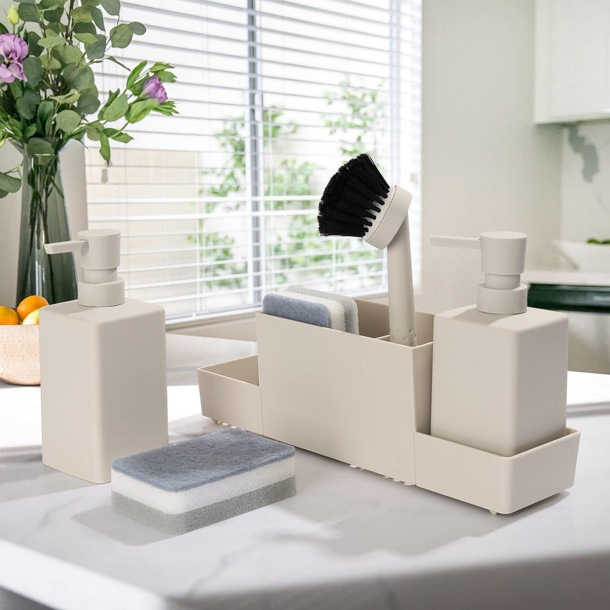 SINK ORGANIZER Kunststoff Seifenspender mit Schwammhalter Schwämme Ablage - Ecru, Kunststoff (30.9/10/9.3cm)