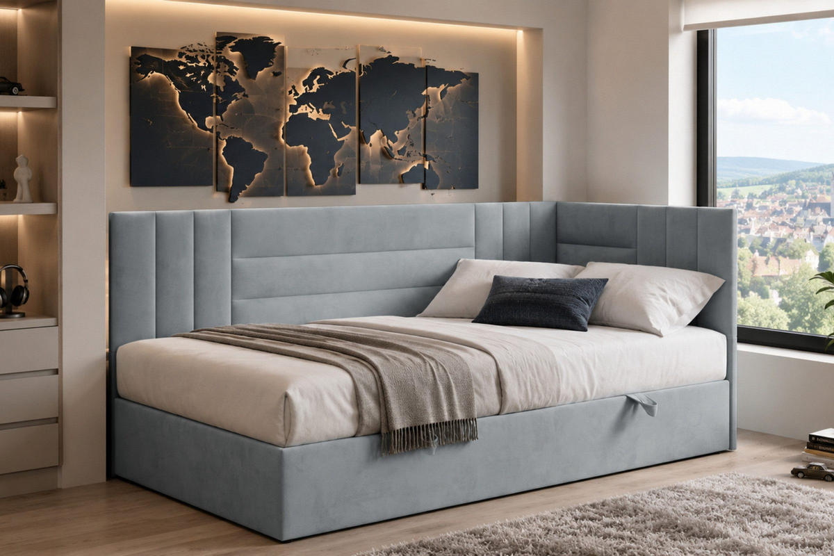 BOXBETT KAYA 100/200 in Velours Hellgrau H3 rechts - Hellgrau, Holz/Holzwerkstoff (100/200cm) - Deine Möbel 24