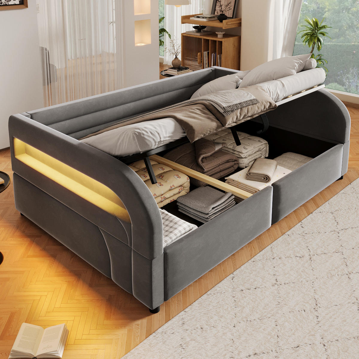 POLSTERBETT 140/200 cm in Grau mit Bettkasten und LED Stoff - Grau, Holzwerkstoff/Textil (140/200cm) - STILVORA