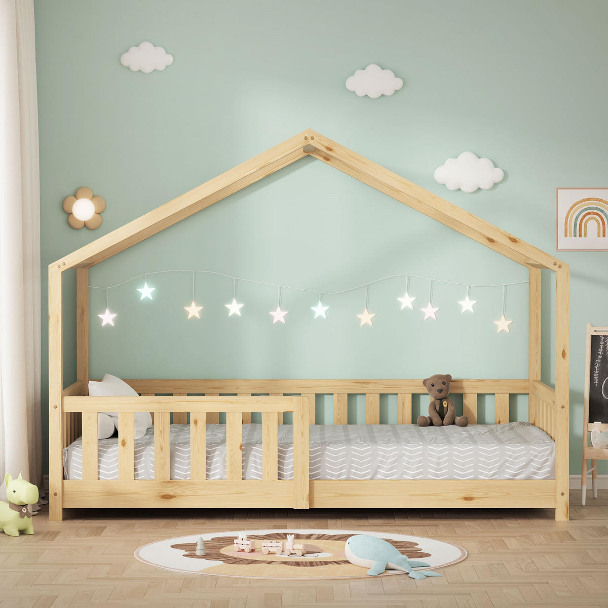 HAUSBETT 80x160 cm Natur aus Kiefernholz mit Rausfallschutz - Beige, Holz (80/160cm) - ML-DESIGN