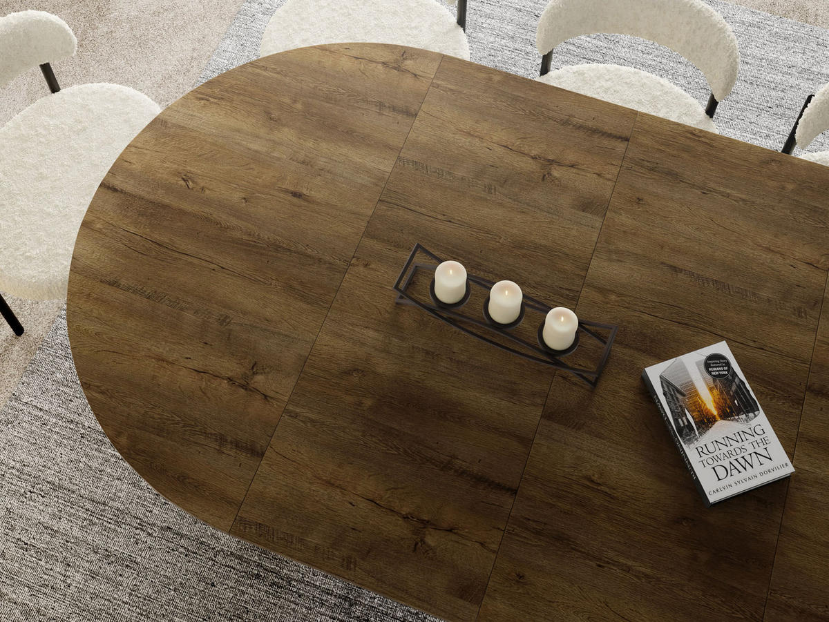 ESSTISCH Naro rund ausziehbar mit Schwarzem Lamellen-Metallgestell, Braun 120-200/120/76 cm - Alteiche/Schwarz, Holzwerkstoff/Metall (120/120/76cm) - WFL GROUP