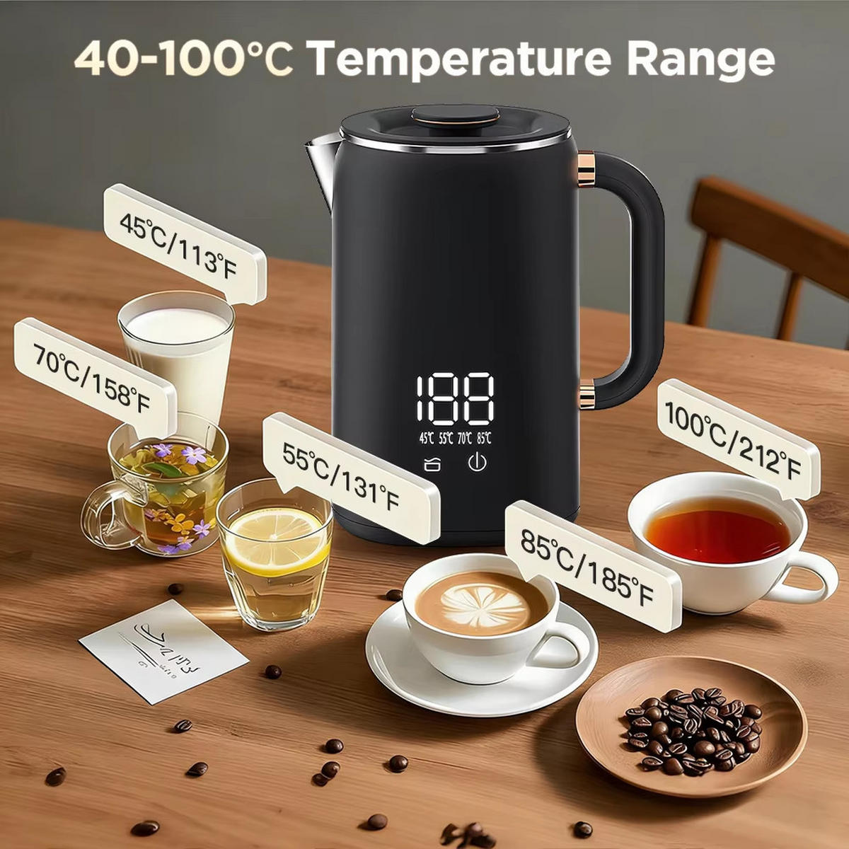 WASSERKOCHER 1,7L 1500W 5 Temperaturen Thermostat Isolierkanne - Schwarz, Metall (21.5/24.4/15.2cm) - Kaket