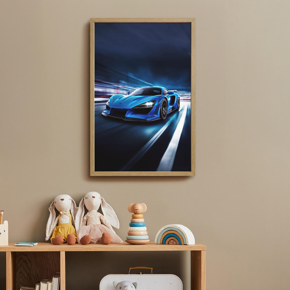 DOBÍJECÍ NOČNÍ LAMPIČKA Auto - Modrá - Chlapci - Dítě 40x60 cm - modrá, kompozitní dřevo (8/40/60cm) - OnlyWow