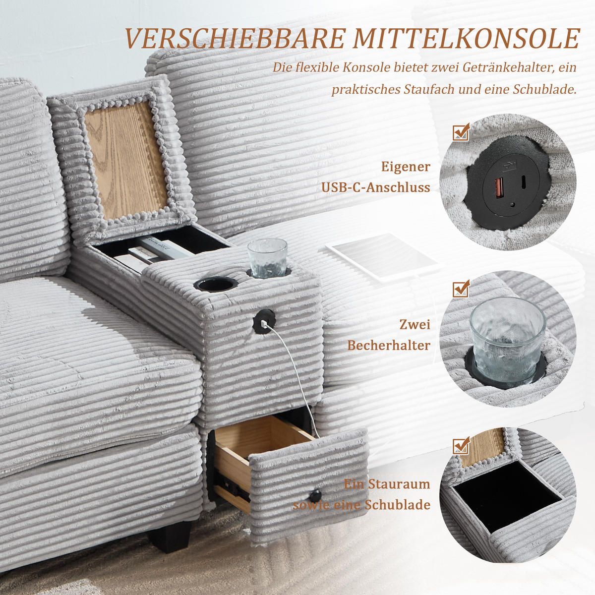 ECKSOFA Cord Hellgrau mit USB-C, Mittelkonsole und Hocker - Hellgrau, Holzwerkstoff/Textil (266/136cm) - WISHDOR